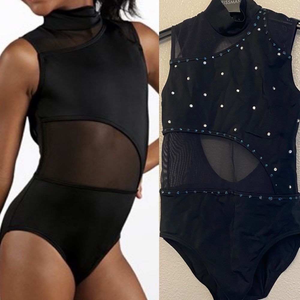 WEISSMAN Dance Costume black mesh cut out rhinestone Leotard MT11612 MC 10/12